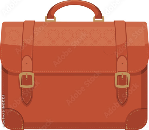 Detailed illustration of a classic red leather briefcase with gold buckles, isolated on white background, elegant vector design.