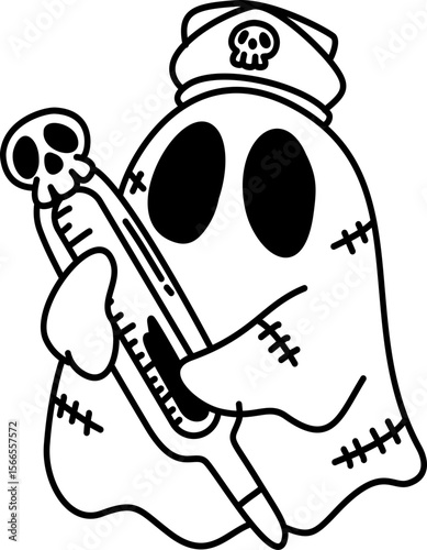 Hand drawn halloween nurse groovy ghost with thermometer outline doodle illustration