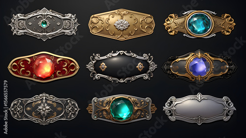 Ornate metal nameplates with colorful gemstones and decorative elements