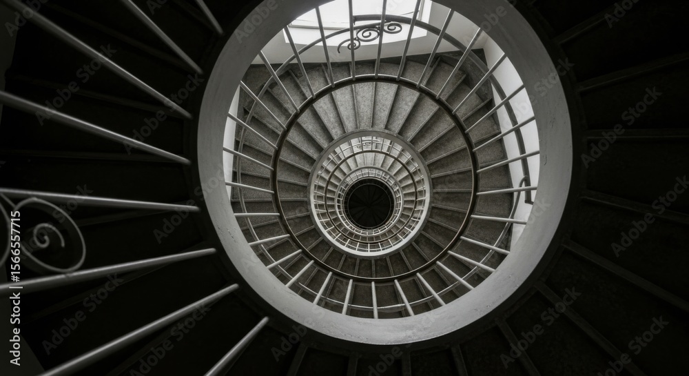 Fototapeta premium Looking Up at a Winding Circular Staircase in Monochrome