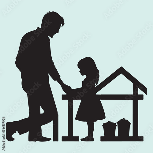 Silhouette icon of a Dad and Daughter assembling toy house bonding illustration