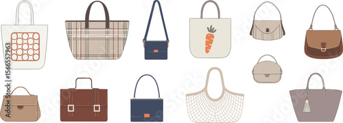 Flat minimalist illustration of various handbag designs, modern fashion accessories collection, trendy purses, stylish tote, satchel, crossbody bags
