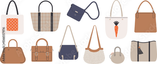 Flat minimalist illustration of various handbag designs, modern fashion accessories collection, trendy purses, stylish tote, satchel, crossbody bags