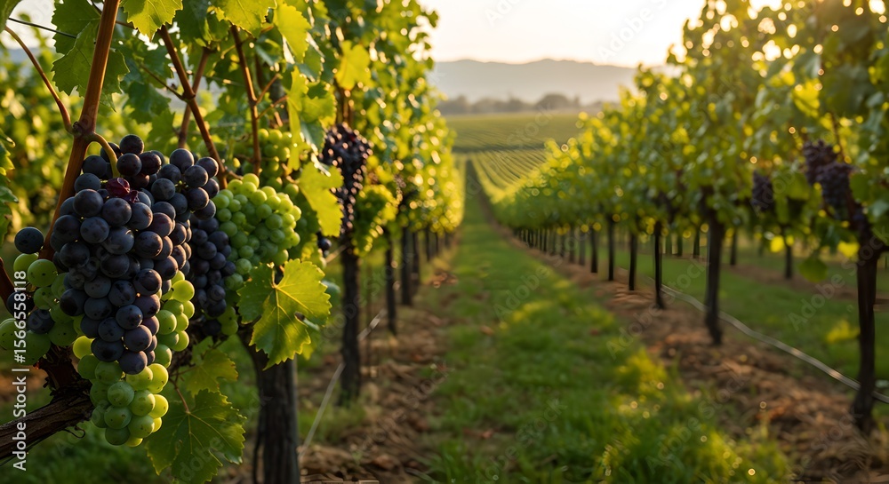 Fototapeta premium Golden hour vineyard, glowing grapes, cinematic light, abundant harvest, breathtaking view.