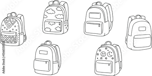 Hand-drawn backpack collection, black and white vector illustration, kids school bags, cute doodle style, blank coloring page design