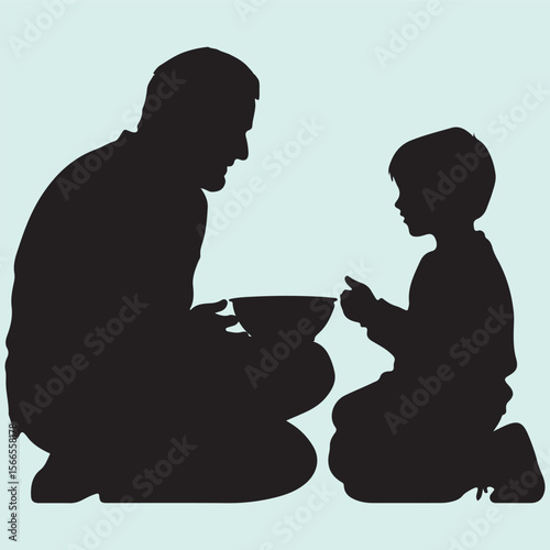 Silhouette icon of a Father feeding noodles to child family mealtime moment
