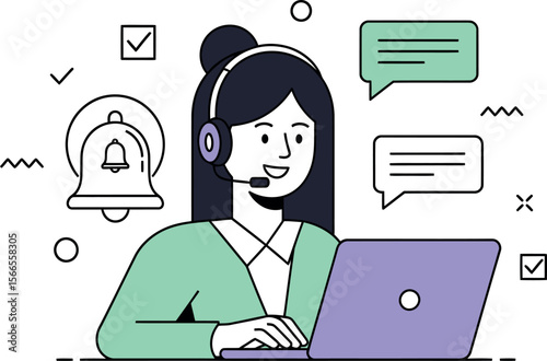 Smiling Customer Service Agent with Headset and Laptop Providing Online Support and Communication, Flat Vector Illustration