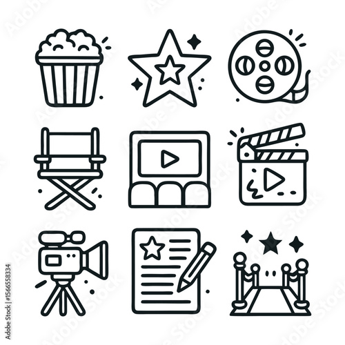 Collection of illustrated icons representing elements of filmmaking and cinema.