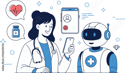Female Doctor and Friendly AI Robot Partnering for Digital Health Management via Mobile App. Modern Medical Technology & Telemedicine Consultation Concept.