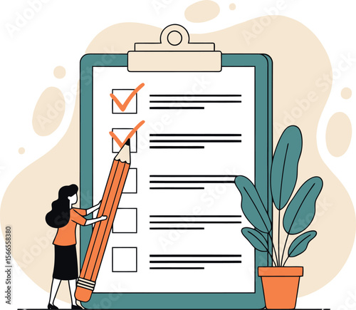 Flat Design Productivity Vector: Woman Marking Completed Tasks on a Large Checklist Clipboard with an Oversized Pencil, Ideal for Business, Goal Achievement, and Work Management Concepts