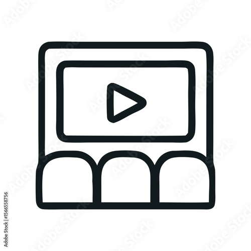 Simple line art illustration of a movie screen and theater seats.