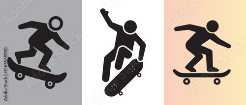 Silhouette Pictograms of Skateboarders in Various Poses Depicting Different Tricks Against Varied Backgrounds Enhancing Visual Diversity and Dynamic Action