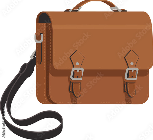 Minimalist brown leather satchel illustration with black strap, vector shoulder bag icon, modern messenger bag design isolated on white