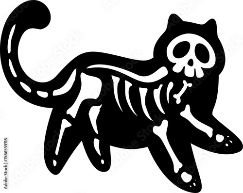 Hand drawn halloween cat skeleton ghost silhouette doodle illustration