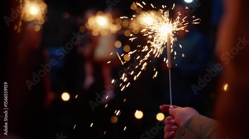 People holding sparklers in their hands, illuminating the night with vibrant sparkles and creating a festive, celebratory atmosphere filled with warm light and lively energy.