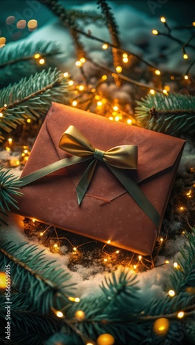 Festive holiday gift wrapped with golden ribbon and green accents image