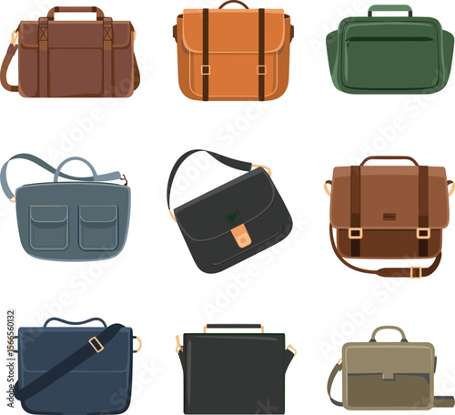 Set of 9 minimalist messenger and satchel bag illustrations – modern men’s bag vector icons for branding and digital design