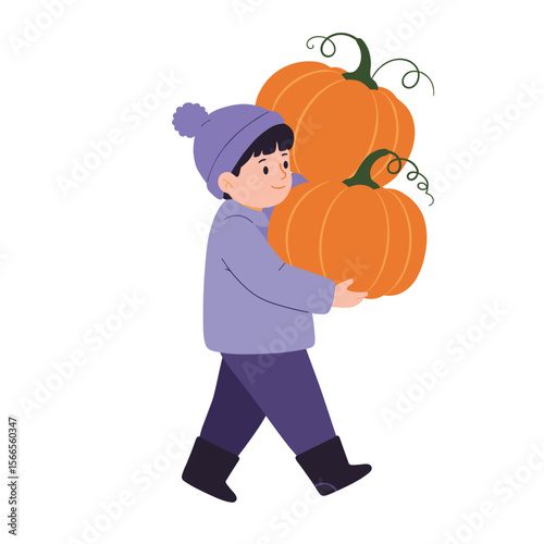 Child carrying two pumpkins while walking in autumn attire  