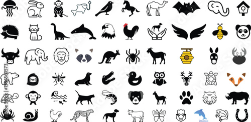 Vector art of a large set of animal icons isolated on transparent background