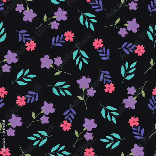 Midnight garden flowers seamless pattern. Dark floral vector surface design of bright pink purple flowers