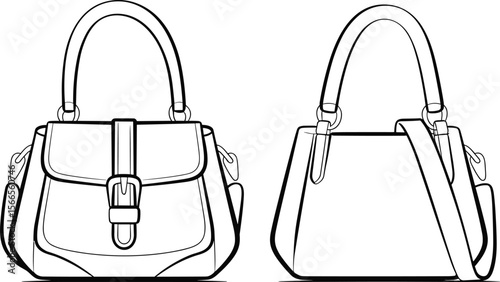 Technical fashion sketch of stylish women's handbag design, front and back view, leather accessories, designer purse, line drawing illustration