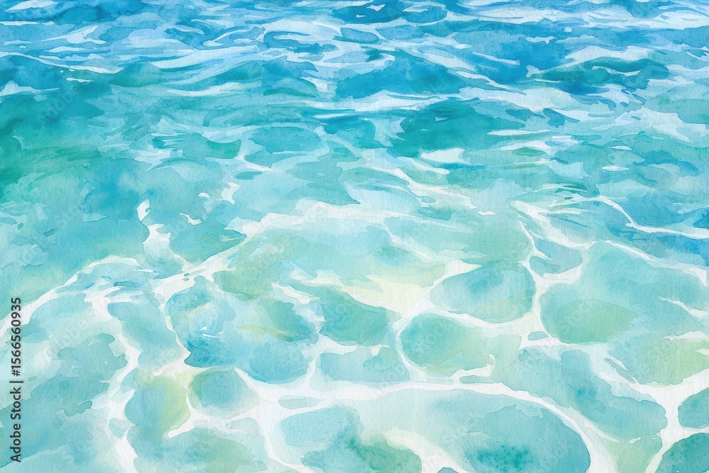 Obraz premium Serene and Vibrant Watercolor Painting of Clear Ocean Waves with Gentle Ripples and Reflections in Varying Shades of Blue and Green
