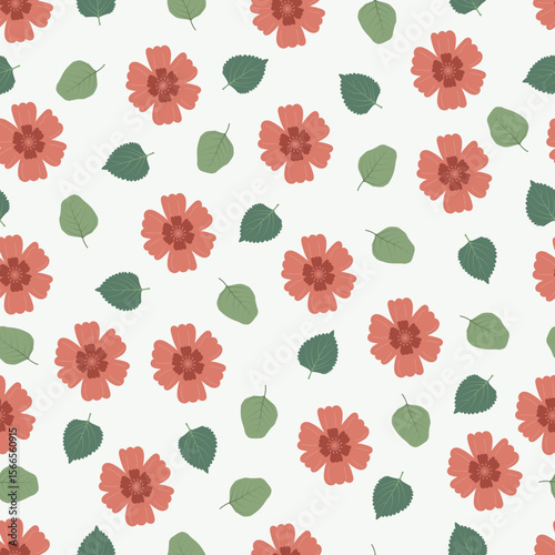 Pastel pink flowers seamless pattern. Floral vector surface design of Scandinavian flowers and leaves
