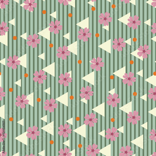 Scandinavian flowers and polka dots seamless pattern. Vector floral surface design of scandi flowers, dots, triangle shapes on vertical stripes