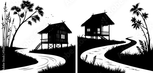 Rural Woman Carrying Firewood Silhouette - Vector Illustration for Traditional Livelihoods & Deforestation