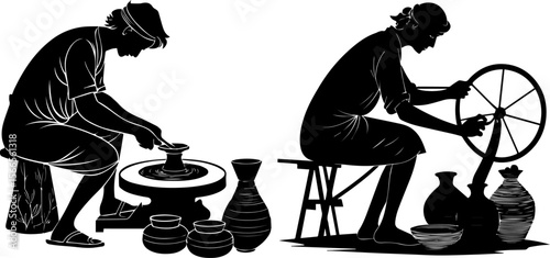 Traditional Artisans Silhouettes: Potter at Wheel and Spinner at Loom