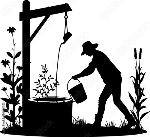 Gardener Watering Plant from Well: Traditional Water for Growth Silhouette