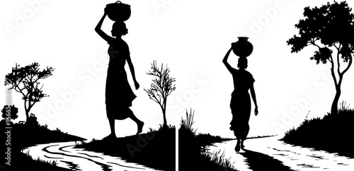 Rural Daily Life: Silhouettes of Women Carrying Pots on Heads