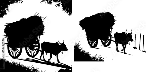 Traditional Bullock Cart Silhouettes: Rural Harvest Transportation