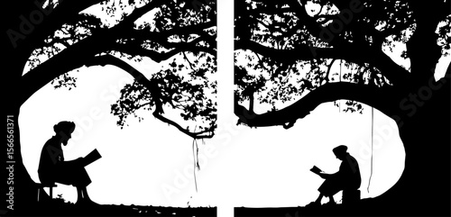 Rural Wisdom: Silhouettes of Men Reading Under Banyan Trees