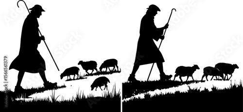Shepherd and Sheep Silhouettes: Traditional Pastoral Scene