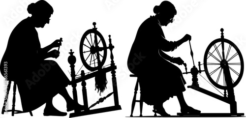 Traditional Craft Silhouettes: Women Spinning Yarn with Spinning Wheels