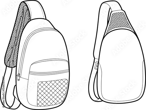 Technical sketch of modern sling backpack, front and back view, functional travel bag design, line art illustration for accessories