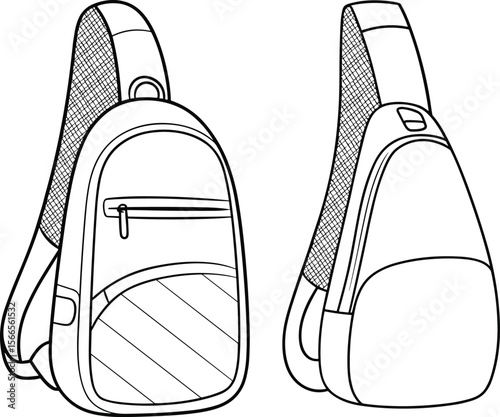 Technical sketch of modern sling backpack, front and back view, functional travel bag design, line art illustration for accessories