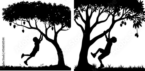 Childhood Joy Silhouettes: Kids Climbing and Swinging on Mango Trees