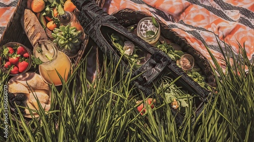 Luxurious picnic basket outdoors, vibrant food, sunny day, grass background