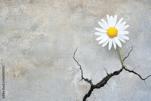 Resilient Daisy Flower Growing Through Crack in Concrete Surface Symbolizing Hope and Strength in Adverse Conditions