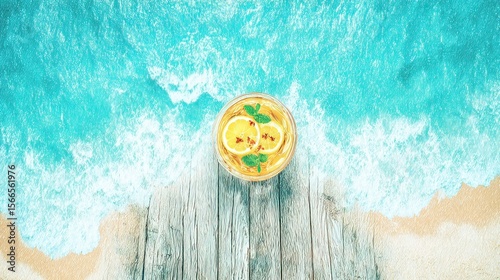 Beach drink, lemon, overhead, ocean waves, summer