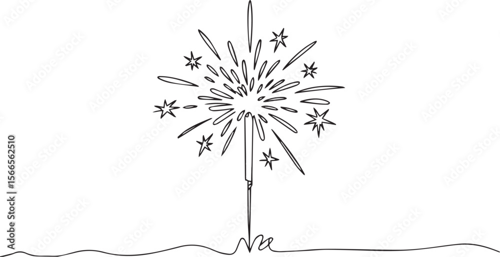 custom made wallpaper toronto digital continuous line drawing of a vertical sparkler firework with starburst and star shapes in modern black and white line art