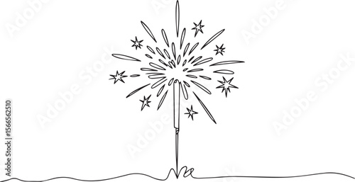  continuous line drawing of a vertical sparkler firework with starburst and star shapes in modern black and white line art