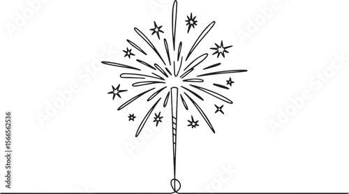  continuous line drawing of a vertical sparkler firework with starburst and star shapes in modern black and white line art