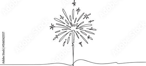  continuous line drawing of a vertical sparkler firework with starburst and star shapes in modern black and white line art