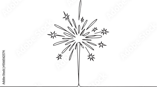  continuous line drawing of a vertical sparkler firework with starburst and star shapes in modern black and white line art