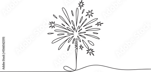  continuous line drawing of a vertical sparkler firework with starburst and star shapes in modern black and white line art