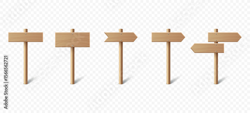 Vector Realistic Wooden Blank Sign Post Set. Realistic Road Signboard. Plywood Pointer, Timber, Directional Sign Design Template, Front View. Vector Illustration in 3D Style