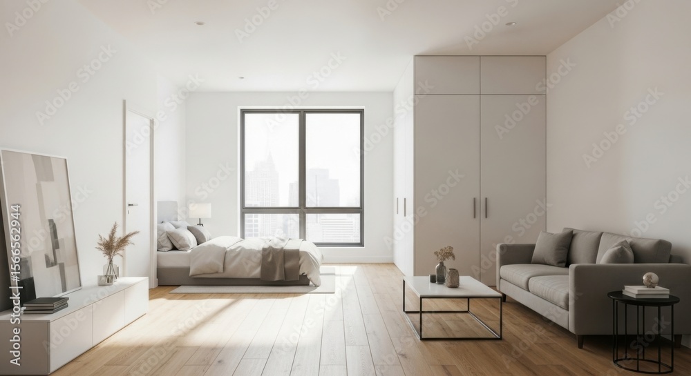 Fototapeta premium Living in a Modern Bedroom Apartment with City View